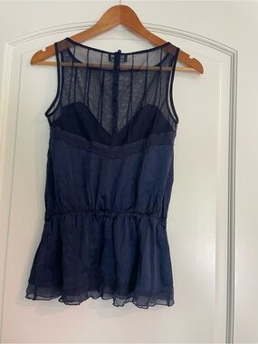 bebe Blue Sheer Mesh Yoke Round Neck Sleeveless Button Front Blouse Size S